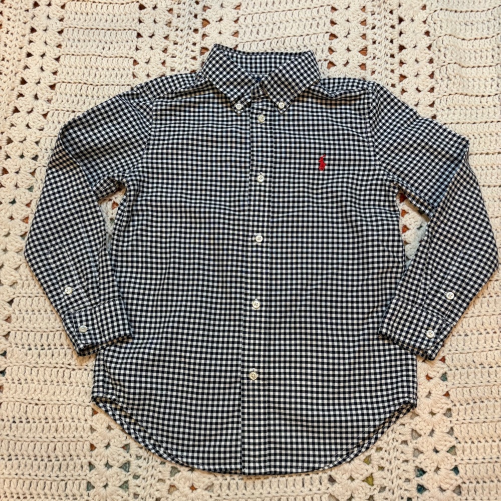 Ralph Lauren Black and White Gingham Long Sleeve Button Down Shirt Size 7 Boys